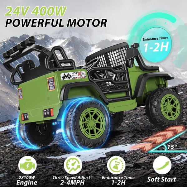Alex 24V 2 Seater Electric Ride On Truck Car For Kids 4-8, Remote Control, 2X200W Power Motors, 20'' Wide Seats, Sping Suspension, Bluetooth & Music, 110LBS MAX Load, LED Lights, 3 Speeds - Image 2