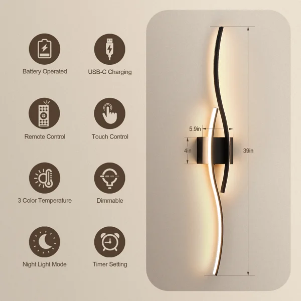 LED Battery Operated Wall Sconces with Remote Control, Dimmable/ 3 Color/ Night-Light/ Timer/ Memory, 39 Inch, 2 Pack - Image 3
